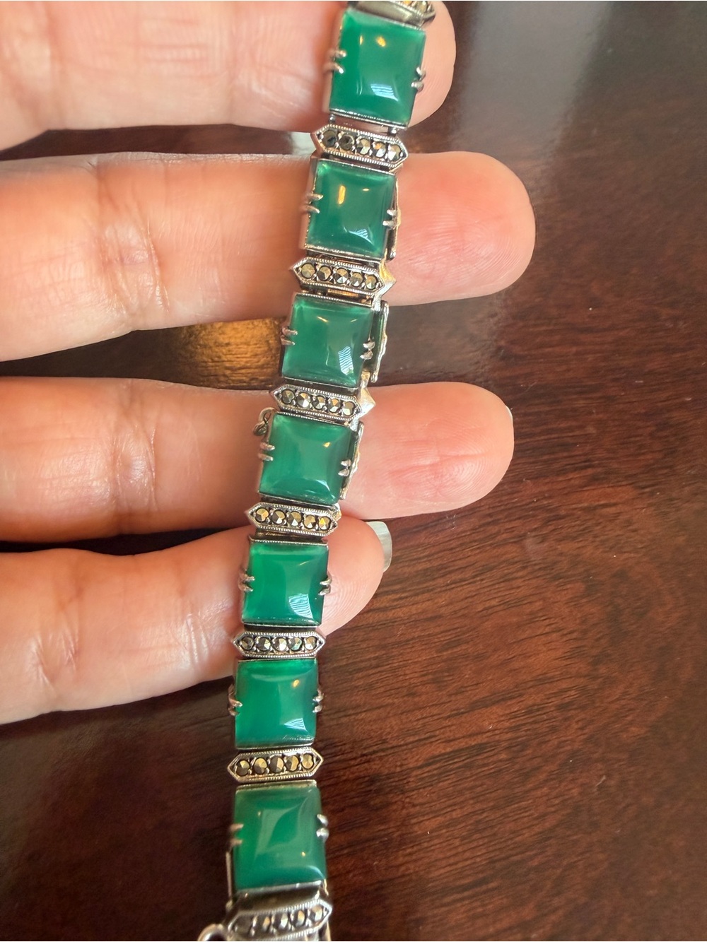Wachenheimer Chrysoprase Sterling Silver Antique Bracelet Marcasite Accents 7”